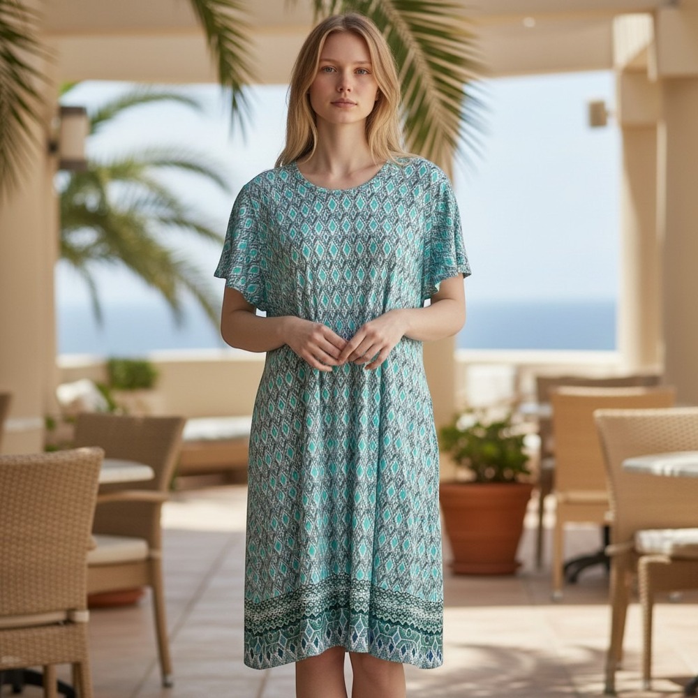Cabana Life Womens Turquoise Geometric Ikat Print Flutter Sleeve Shift Dress L